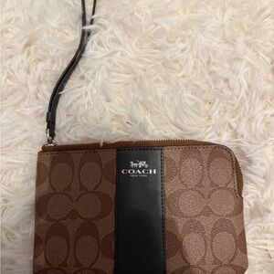 COACH Brown Signature Wristlet with Green Stripe